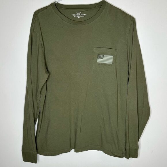 Vineyard Vines Army Green American Flag Long‎ Sleeve Tee in Size Medium - Picture 4 of 5